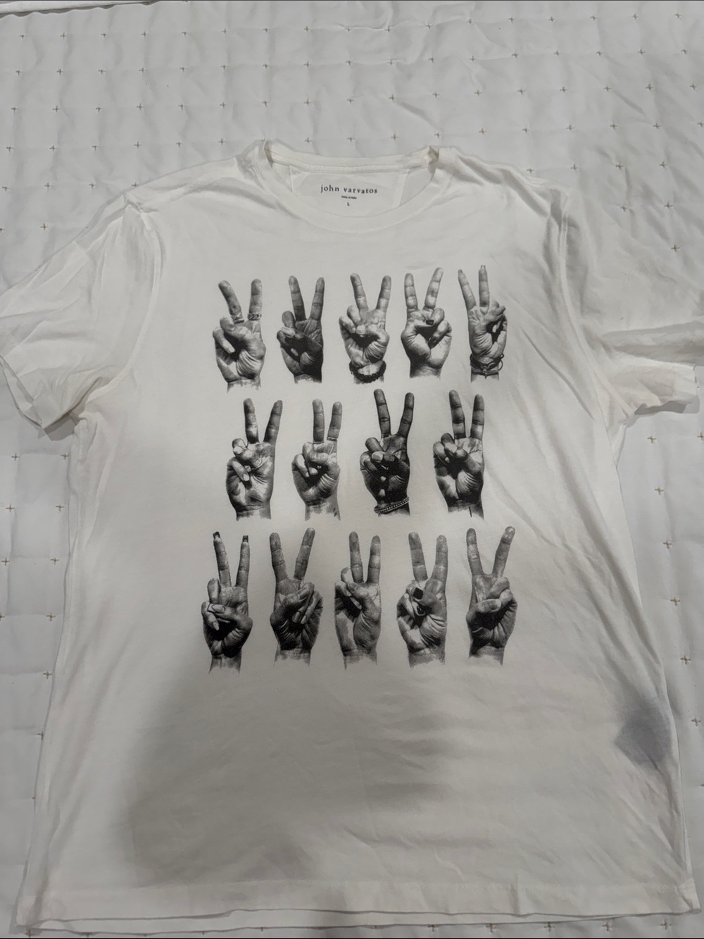 John Varvatos White Tee with Black Peace Sign Hands Print